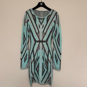 Herve Leger Abstract Lines Black and Blue Long Sleeve Bandage Dress - Size Small